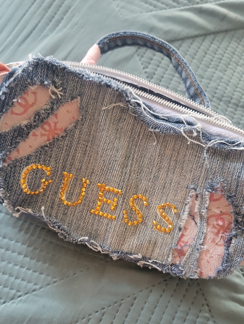 Guess Denim Mini Handbag with Gold Crystal Logo and Pink Patchwork